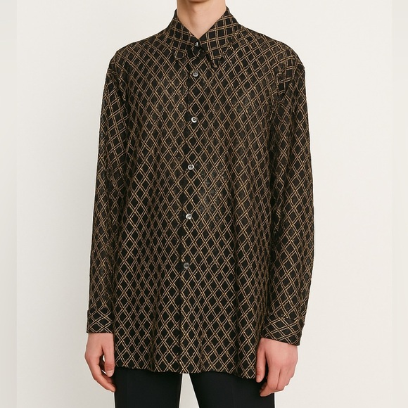 Creme De Silk Button Down Shirt Sheer Woven Lace Long Sleeve Gold Large Vintage - Picture 1 of 9